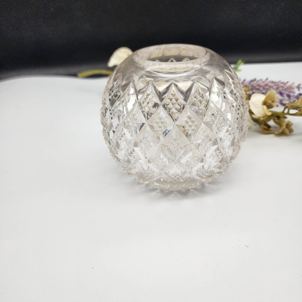 Vintage Pressed Glass Round Bud Vase Diamond Point Cuts on Clear Glass 4" Tall